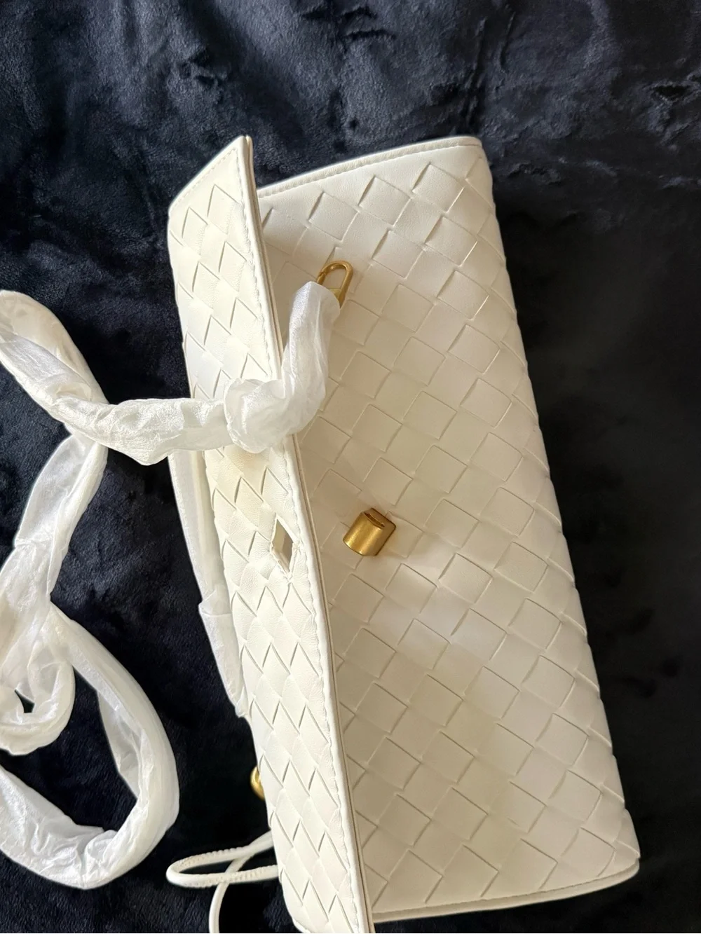 Commense White Woven Flap Clutch Shoulder bag with Gold Knot Accent